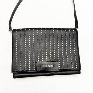 Just Cavalli Black Leather Studded Over The Shoulder Crossbody Tote Purse MINT